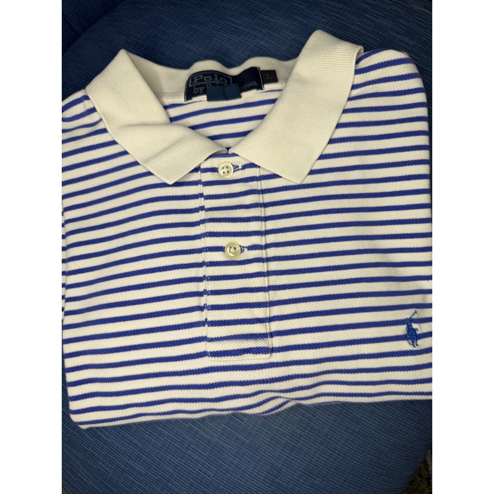 Polo‎ Ralph Lauren Mens Large Blue White Striped Short Sleeve Cotton Polo Shirt